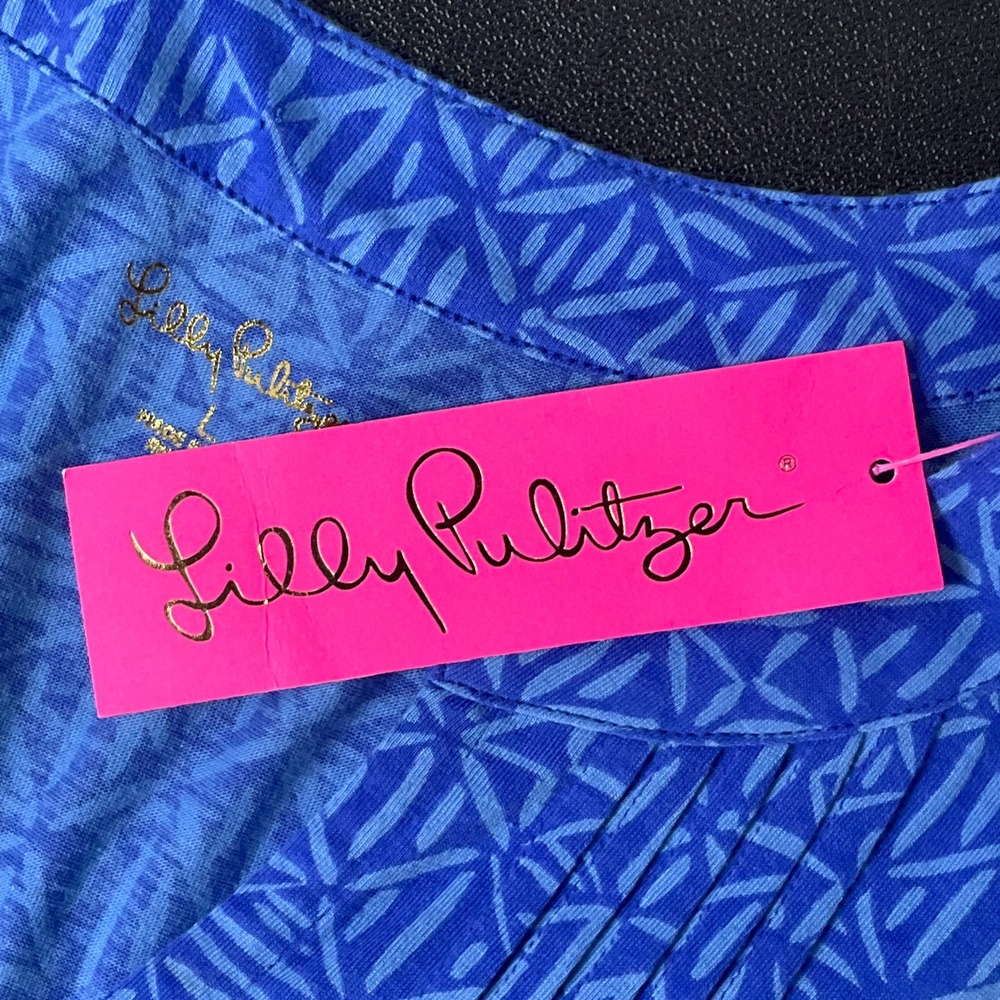 Lilly Pulitzer Dress Womens L Blue Cotton Geometric Pintuck Coastal Resort NEW - Picture 4 of 12